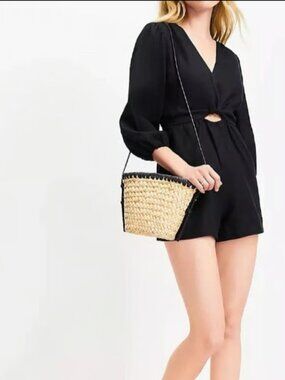 ANN TAYLOR LOFT BEACH BLACK LINEN CUTOUT TWIST ROMPER SHORTS JUMPSUIT NWOT M